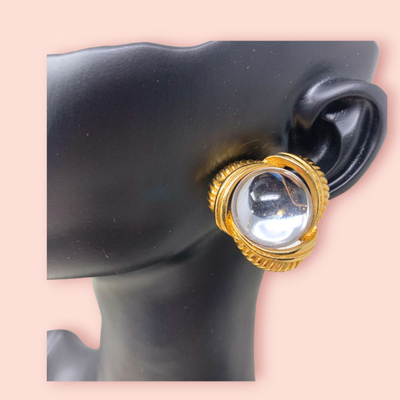 Vintage NEW 1990s Y2K Earrings Round Clear Crystal Cabochon Gold Tone Swirl - Picture 2 of 4